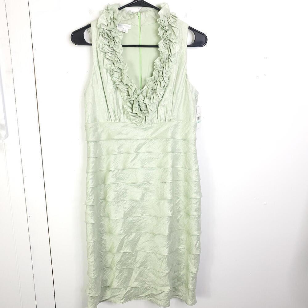 London Times Dress Womens 8 Mint Ruffle V Neck Tiered Fitted Empire Waist
